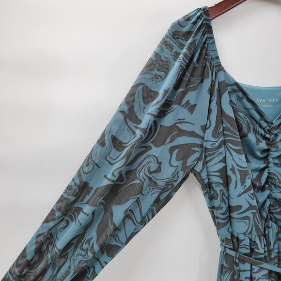 Ava & Viv‎ Swirl Maxi Dress Womens 1X Blue Mesh Ruched Long Balloon Sleeve - Picture 13 of 16